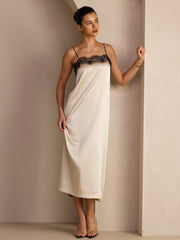 19Momme Silk Square Neck Spaghetti Strap Lace Midi Dress