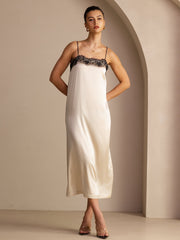 19Momme Silk Square Neck Spaghetti Strap Lace Midi Dress