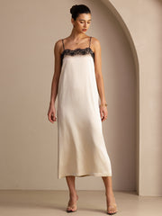 19Momme Silk Square Neck Spaghetti Strap Lace Midi Dress
