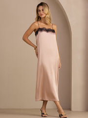 19Momme Silk Square Neck Spaghetti Strap Lace Midi Dress