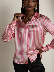 19Momme Silk Stripe Print Long Sleeve Lapel Collar Women's Shirt