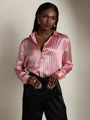 19Momme Silk Stripe Print Long Sleeve Lapel Collar Women's Shirt