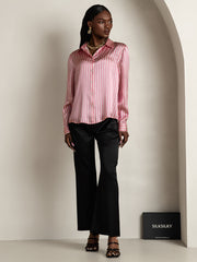 19Momme Silk Stripe Print Long Sleeve Lapel Collar Women's Shirt