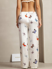 19Momme Silk White Butterfly Print Wide Leg Women's Pants With Side Pockets Design
