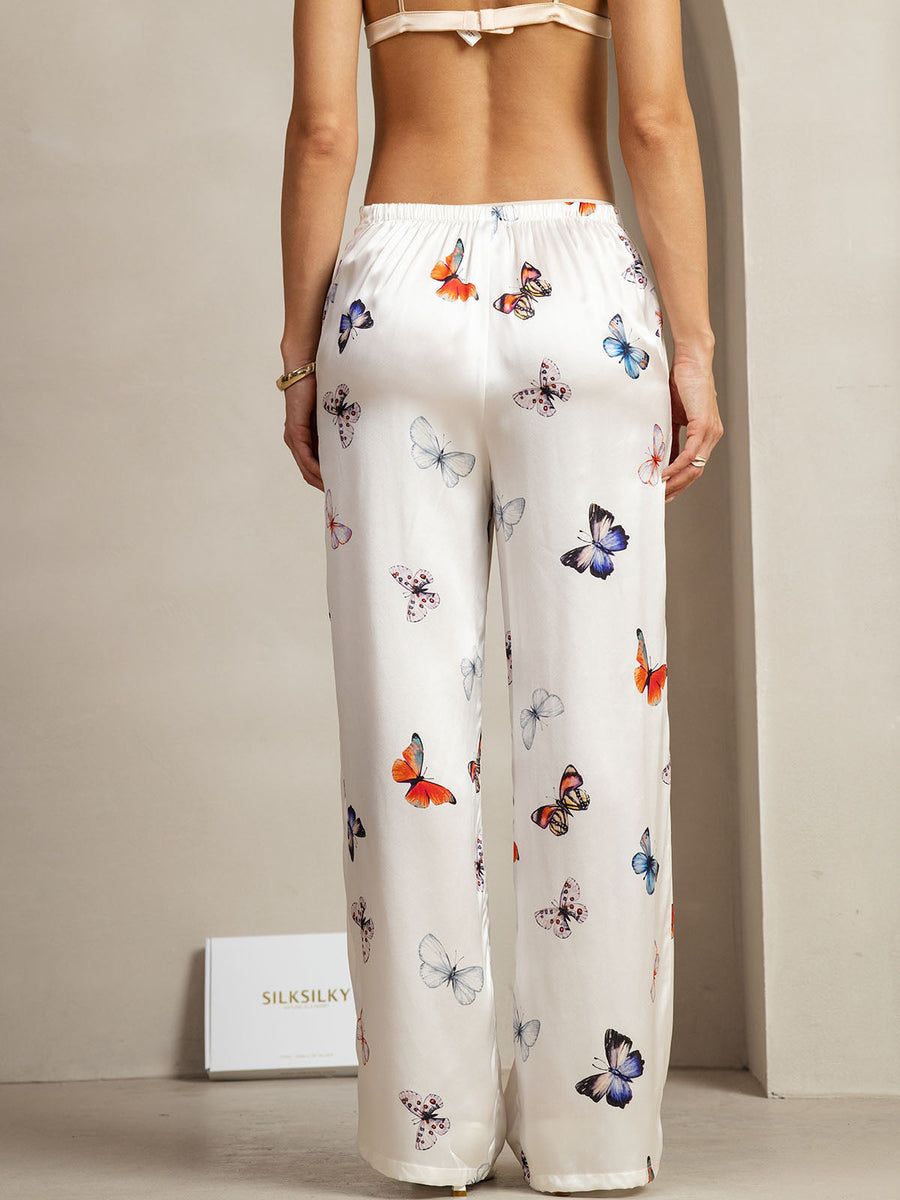 19Momme Silk White Butterfly Print Wide Leg Women's Pants With Side Pockets Design