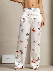 19Momme Silk White Butterfly Print Wide Leg Women's Pants With Side Pockets Design