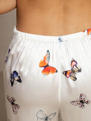 19Momme Silk White Butterfly Print Wide Leg Women's Pants With Side Pockets Design