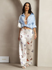 19Momme Silk White Butterfly Print Wide Leg Women's Pants With Side Pockets Design