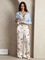 19Momme Silk White Butterfly Print Wide Leg Women's Pants With Side Pockets Design