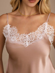 19Momme Silk Women's Adjustable Spaghetti Strap V Neck Lace Trim Camisole Top