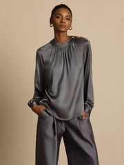 19Momme Silk Women’s Gathered Neck Long Sleeve Blouse