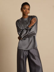 19Momme Silk Women’s Gathered Neck Long Sleeve Blouse