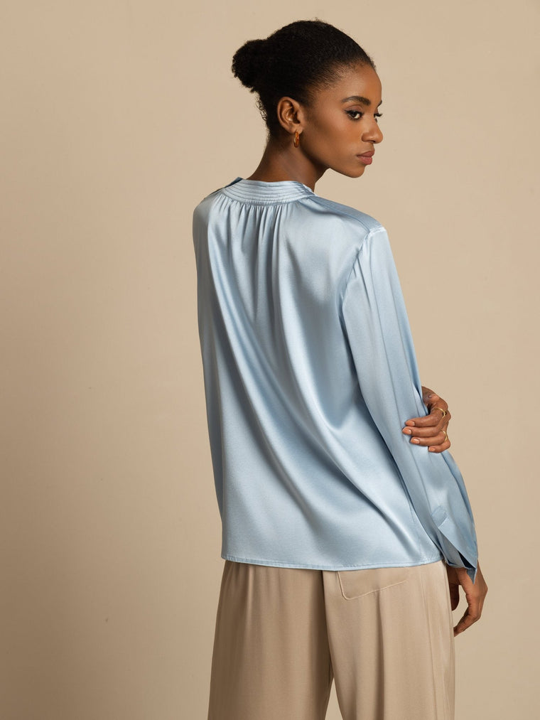 19Momme Silk Women’s Gathered Neck Long Sleeve Blouse