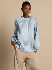 19Momme Silk Women’s Gathered Neck Long Sleeve Blouse
