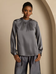 19Momme Silk Women’s Gathered Neck Long Sleeve Blouse