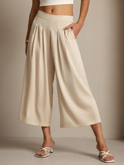 19Momme Silk Women's High Waist Pleated Wide Leg Capri Pants