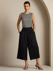 19Momme Silk Women's High Waist Pleated Wide Leg Capri Pants