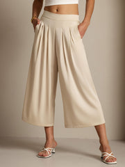 19Momme Silk Women's High Waist Pleated Wide Leg Capri Pants