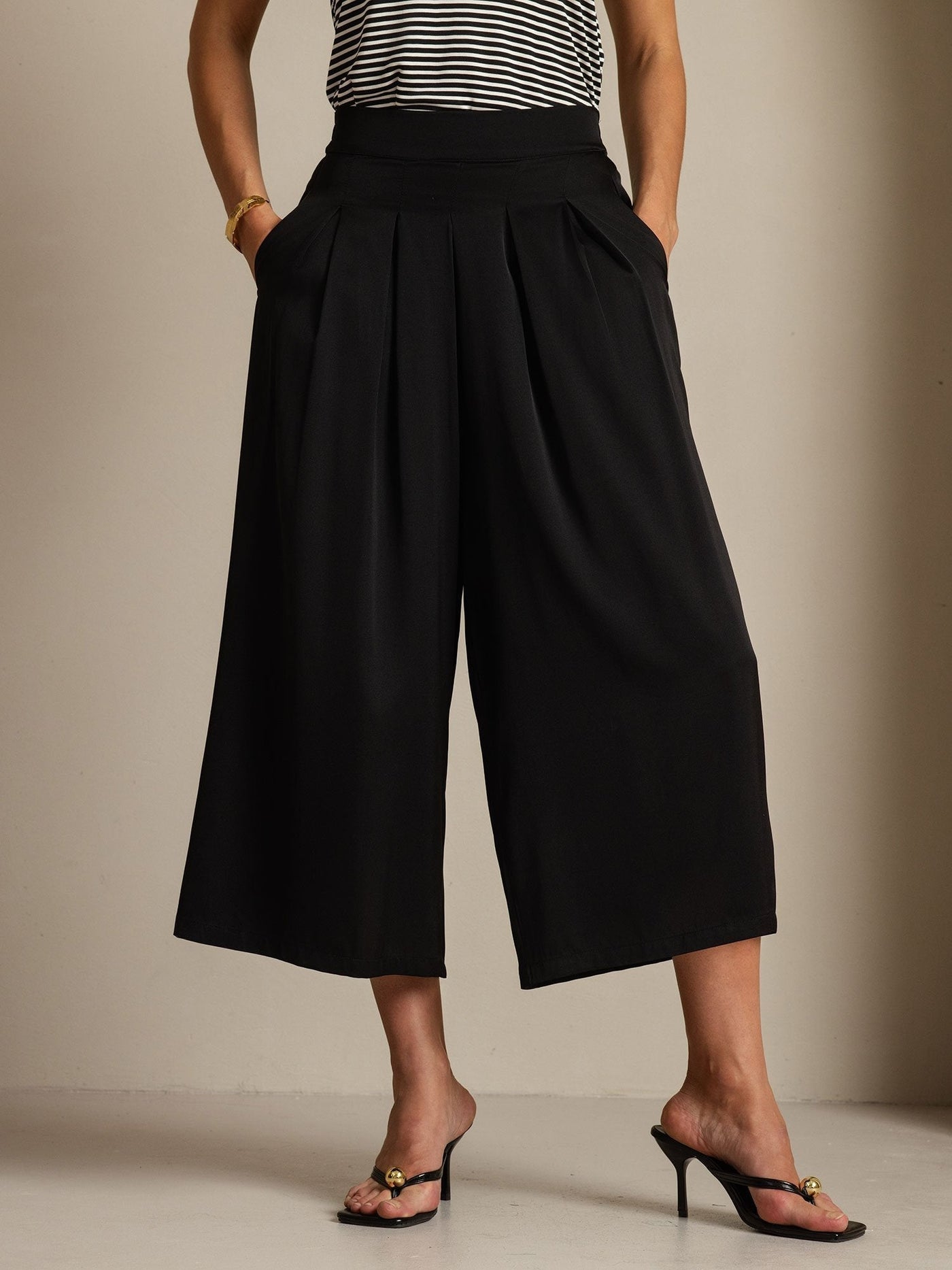 19Momme Silk Women's High Waist Pleated Wide Leg Capri Pants
