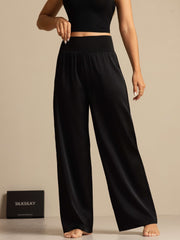 19Momme Silk Women's High-Waist Wide Leg Pants with Wide Stretch Waistband