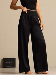 19Momme Silk Women's High-Waist Wide Leg Pants with Wide Stretch Waistband