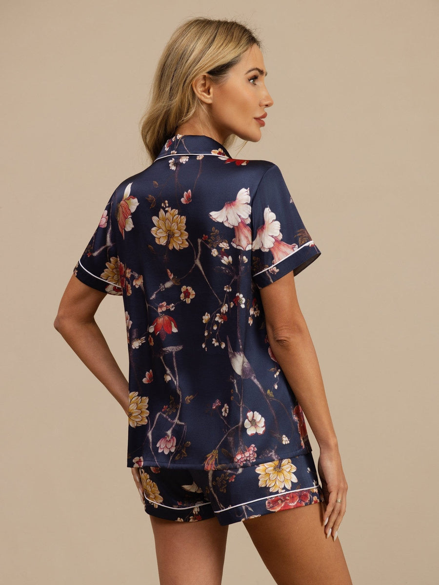 19Momme Silk Women's Navy Floral Print Short Sleeve Notch Collar Button Up Pajamas Set