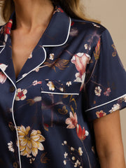 19Momme Silk Women's Navy Floral Print Short Sleeve Notch Collar Button Up Pajamas Set