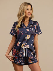 19Momme Silk Women's Navy Floral Print Short Sleeve Notch Collar Button Up Pajamas Set