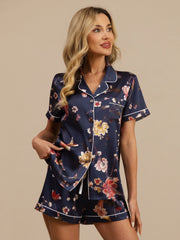 19Momme Silk Women's Navy Floral Print Short Sleeve Notch Collar Button Up Pajamas Set