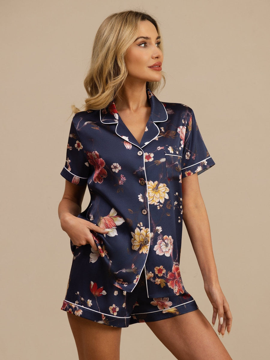 19Momme Silk Women's Navy Floral Print Short Sleeve Notch Collar Button Up Pajamas Set