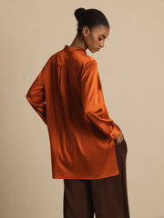 19Momme Silk Women’s  Stand Collar High-Low Blouse With Button Detail