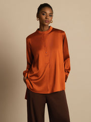 19Momme Silk Women’s  Stand Collar High-Low Blouse With Button Detail