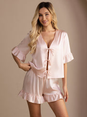 19Momme Silk Women's Tie-Front Ruffle Trim Short Sleeve 2Pcs Pajama Set