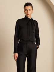 19Momme Silk Women's Tie Neck Long Sleeve Blouse