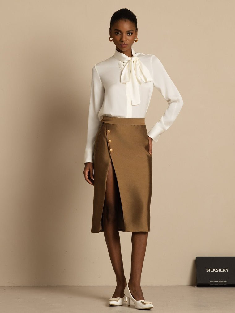 19Momme Silk Women's Tie Neck Long Sleeve Blouse