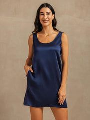 19Momme Washable Silk Sleeveless U Neck Short Nightgown with Side Pocket Design