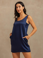 19Momme Washable Silk Sleeveless U Neck Short Nightgown with Side Pocket Design