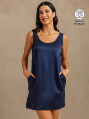 19Momme Washable Silk Sleeveless U Neck Short Nightgown with Side Pocket Design