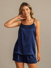 19Momme Washable Silk Spaghetti Strap Round Neck Camisole Set with Side Pocket Design