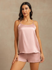 19Momme Washable Silk Spaghetti Strap Round Neck Camisole Set with Side Pocket Design