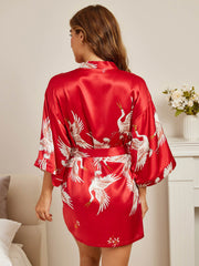 19Momme Women's 100% Mulberry Silk Crane Print 3/4 Sleeve Short Kimono Robe