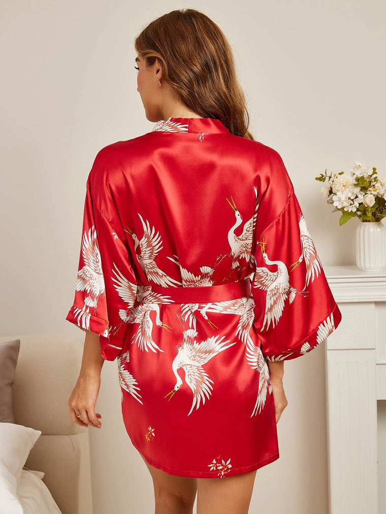 19Momme Women's 100% Mulberry Silk Crane Print 3/4 Sleeve Short Kimono Robe