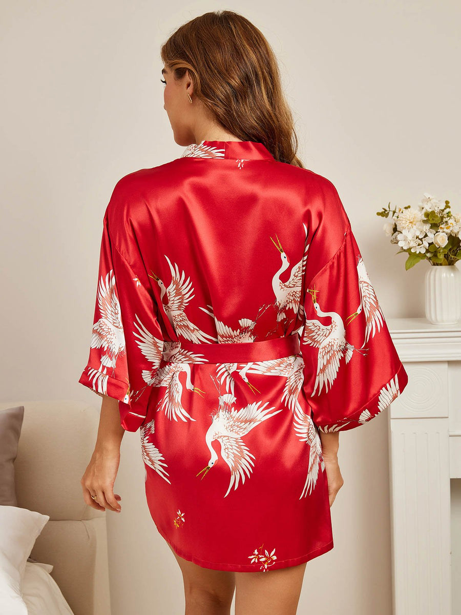 19Momme Women's 100% Mulberry Silk Crane Print 3/4 Sleeve Short Kimono Robe