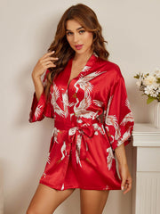 19Momme Women's 100% Mulberry Silk Crane Print 3/4 Sleeve Short Kimono Robe