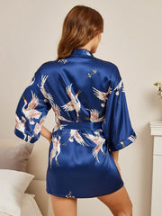 19Momme Women's 100% Mulberry Silk Crane Print 3/4 Sleeve Short Kimono Robe