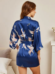19Momme Women's 100% Mulberry Silk Crane Print 3/4 Sleeve Short Kimono Robe