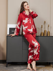 19Momme Women's 100% Mulberry Silk Crane Print Long Sleeve Notch Collar Pajamas Set