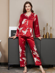 19Momme Women's 100% Mulberry Silk Crane Print Long Sleeve Notch Collar Pajamas Set