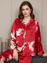 19Momme Women's 100% Mulberry Silk Crane Print Long Sleeve Notch Collar Pajamas Set
