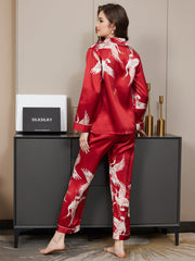 19Momme Women's 100% Mulberry Silk Crane Print Long Sleeve Notch Collar Pajamas Set
